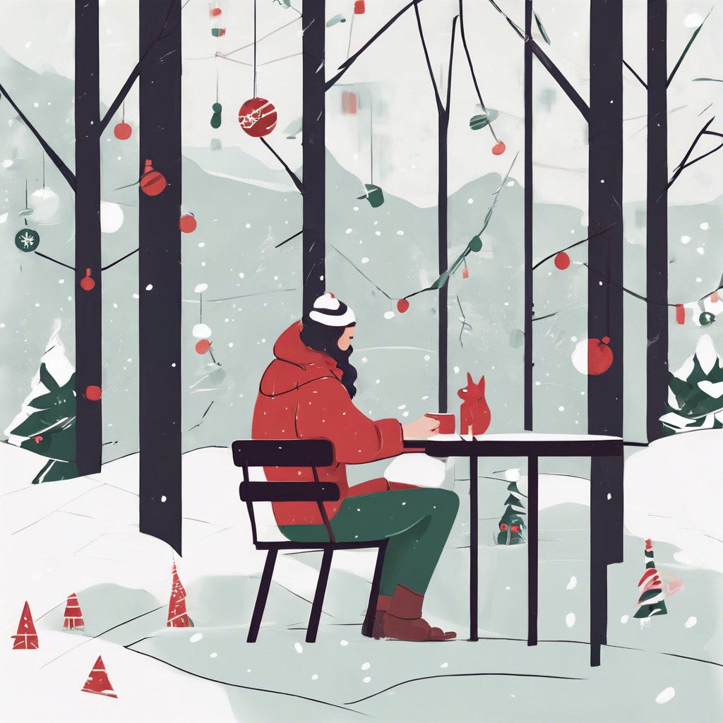 a man sitting in a wintery woods setting a man sitting in a wintery woods setting