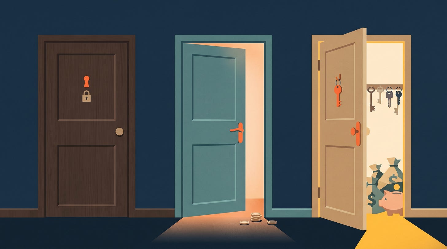 Three doors: one locked, one ajar, one wide open