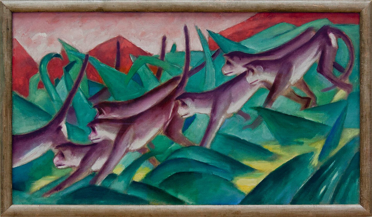 A troop of violet macaques crossing a yellow ground in front of red mountains, in Franz Marc's wide frieze canvas A troop of violet macaques crossing a yellow ground in front of red mountains, in Franz Marc's wide frieze canvas