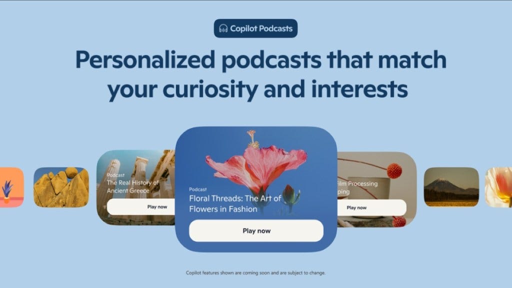 A promotional image showing personalized podcasts made possible with the help of the new Microsoft Copilot AI