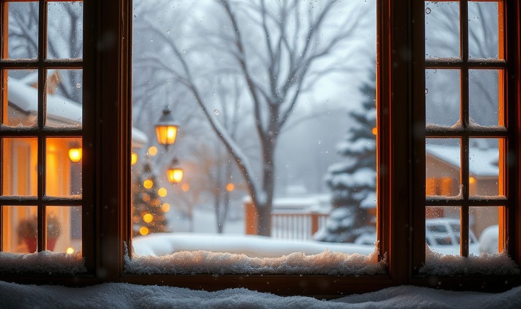 A peaceful view through a snowy window with falling flakes and warm interior glow—perfect for the "windows spilled warm gold onto the snow" feel.