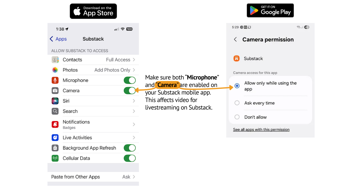 screenshots for configuring camera access on iOS and Android