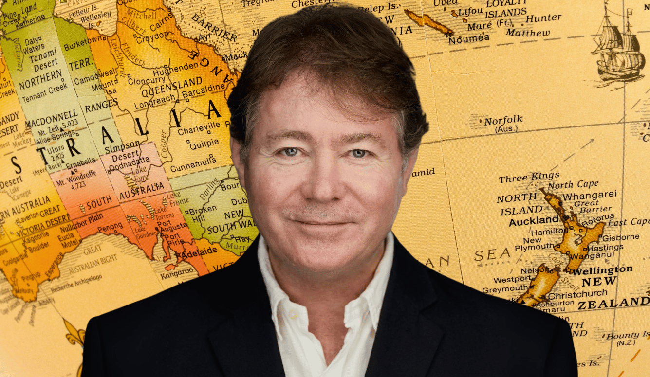 Sean Welsh is a white man in his 50s. Background of sepia map of Australia and New Zealand. Sean Welsh is a white man in his 50s. Background of sepia map of Australia and New Zealand.