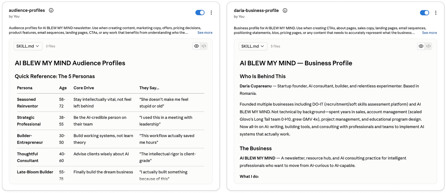 Claude audience and business profile skills for AI BLEW MY MIND, giving AI reusable context about newsletter readers, Daria’s work, and the business.