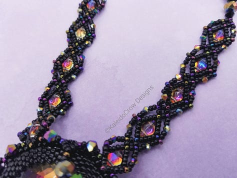 closeup photos of a beaded necklace made from black and rainbow/oil slick color shift beads