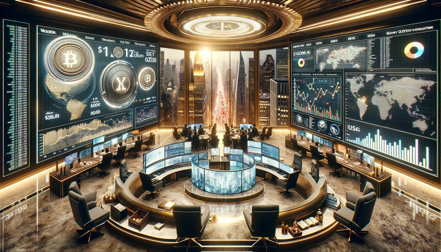 An image portraying the $11 Trillion Investor Group's Fund Tokenization Plan, captured in a style as if taken by a Wall Street billionaire. The scene showcases a luxurious, high-end office with panoramic views of the financial district. The office is adorned with sophisticated technology and screens displaying financial data, tokenization graphs, and the UK government's involvement. The image reflects the immense scale of the investment and the groundbreaking shift in the financial market. Elements of wealth and power are evident, such as expensive furnishings and a sense of exclusivity, embodying the perspective of a financial titan entering the world of digital asset tokenization.