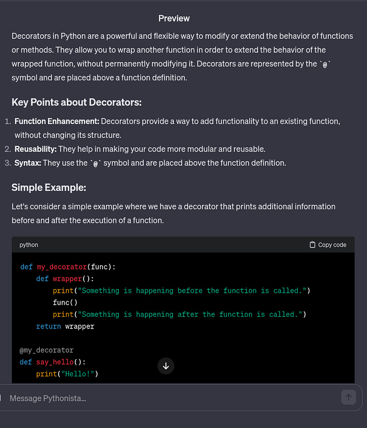 output from the Pythonista GPT show description and example code