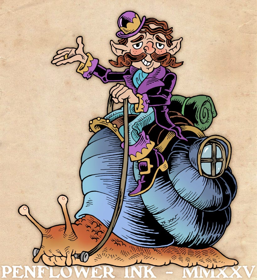 A gnome in a purple and blue suit, wearing a purple bowler hat riding a snail.