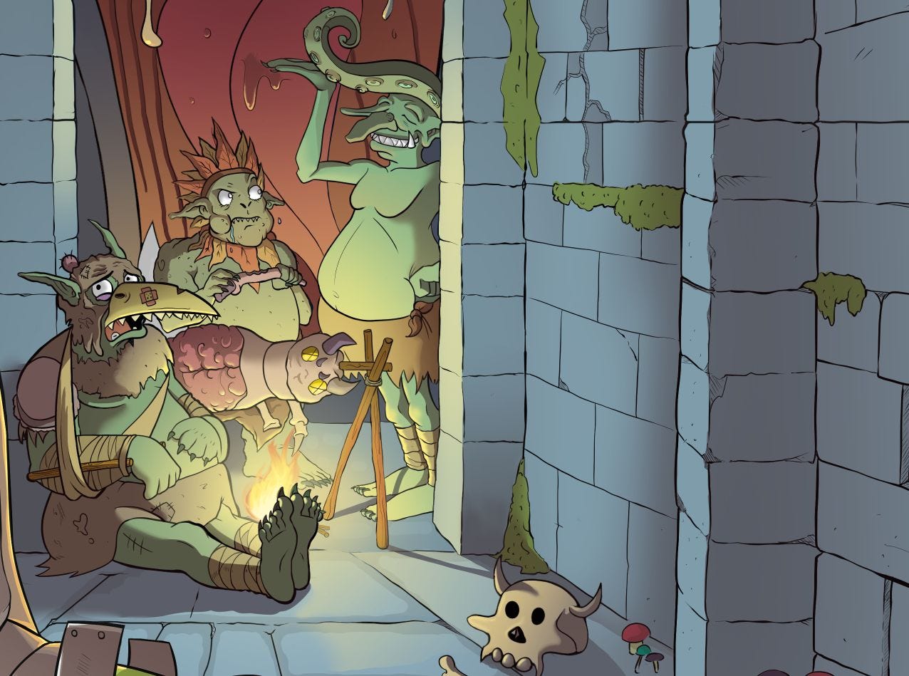 The illustration of three goblins camped in a dungeon. They are eating a brain spider.