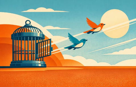 Illustration of an open birdcage with its door wide, and two colourful birds flying upward toward a bright sun against a warm orange‑blue sky, symbolising freedom and new beginnings.