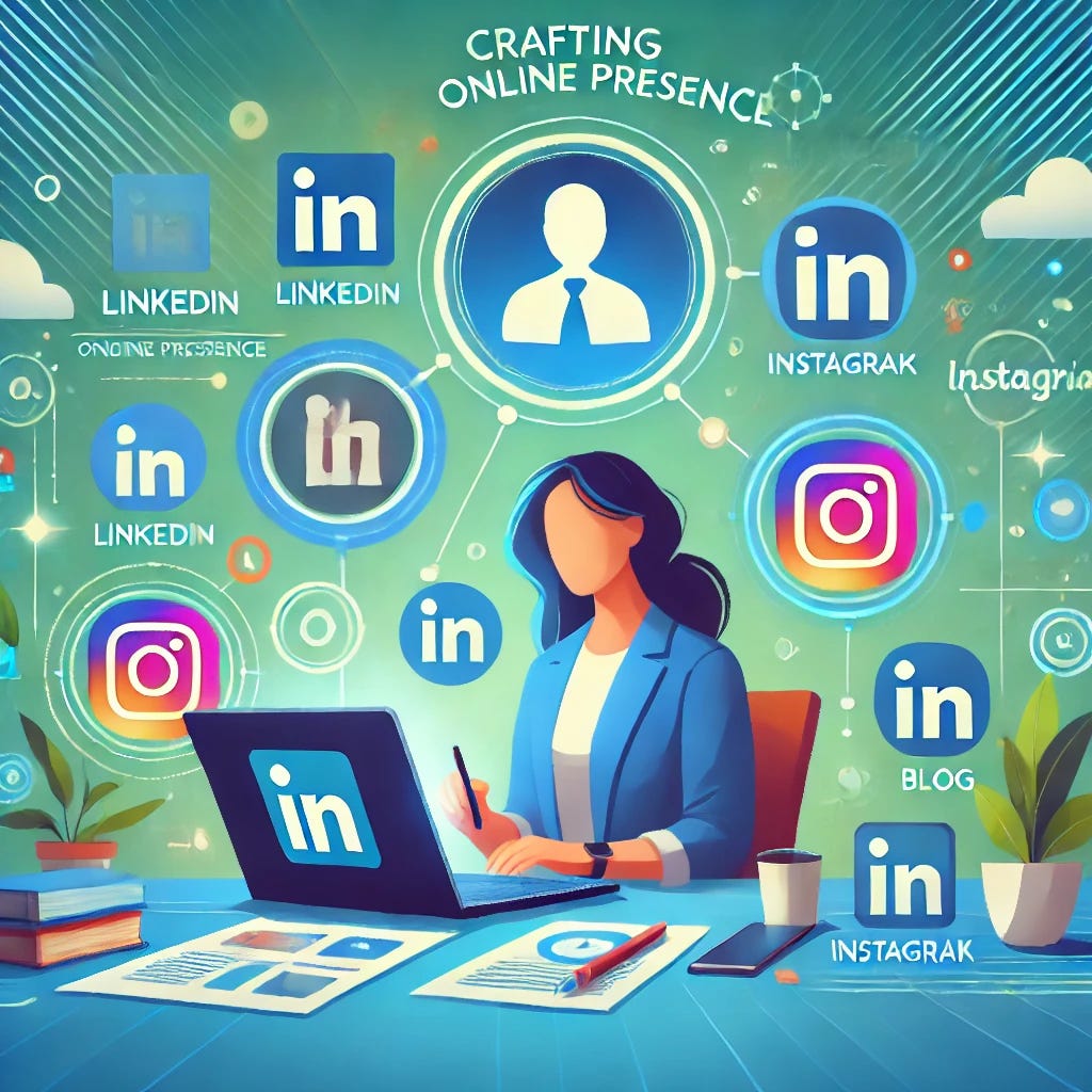 An illustration representing crafting a consistent online presence for personal branding, featuring a person working on a laptop surrounded by icons like LinkedIn, Instagram, a personal website, and a blog. The background includes vibrant colors such as blue and green, symbolizing connectivity and growth, with a sleek and modern design.