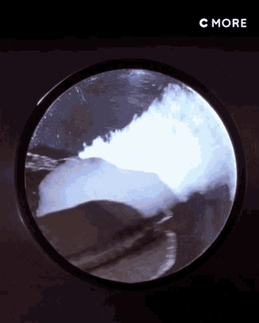 Velociraptor silhouetted against a circular window, fogging the glass with an exhale