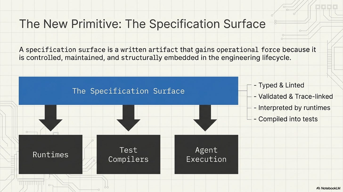 A specification surface gains force when tooling and teams can act on it