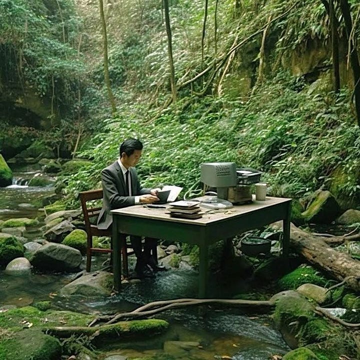 Left: a person with his table and stuff on stream. Right: a person doing with his desktop on meadow.