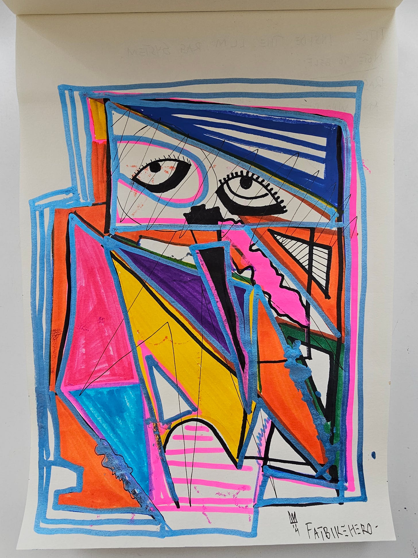 Front (recto) of “Inside the LLM RAG System” by FatbikeHero, ink on paper (A4), geometric abstraction with surveillance-eye motif visualizing algorithmic mediation; Human-Made Art in Anti-AI Aesthetic style.