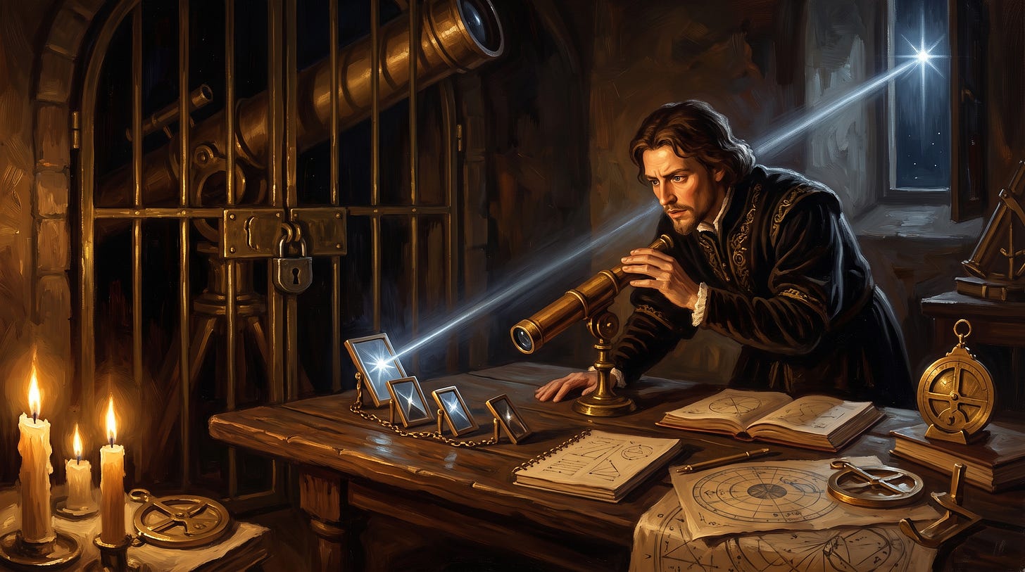 Baroque scholar using a small telescope to reach a distant star while a larger telescope is locked away, symbolizing GLM 5.2 and open-weight AI access Baroque scholar using a small telescope to reach a distant star while a larger telescope is locked away, symbolizing GLM 5.2 and open-weight AI access