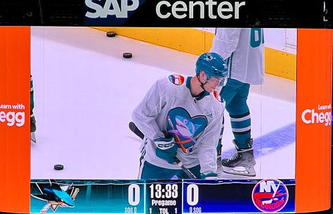 Images of a hockey rink, a hockey pride logo, three hockey players wearing the pride logo jersey