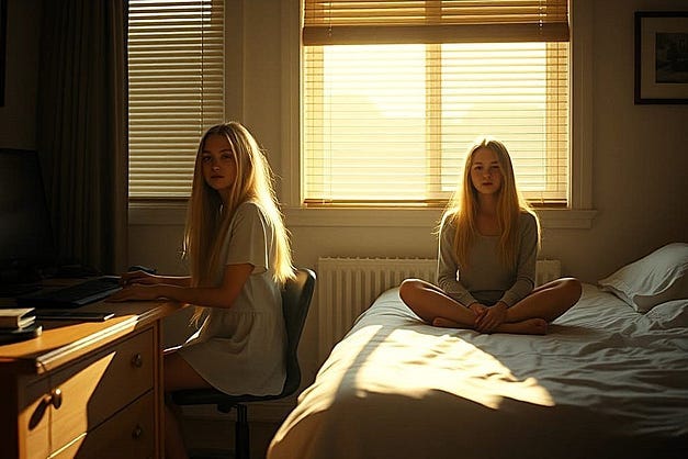 Twin teenage girls sitting in a bedroom