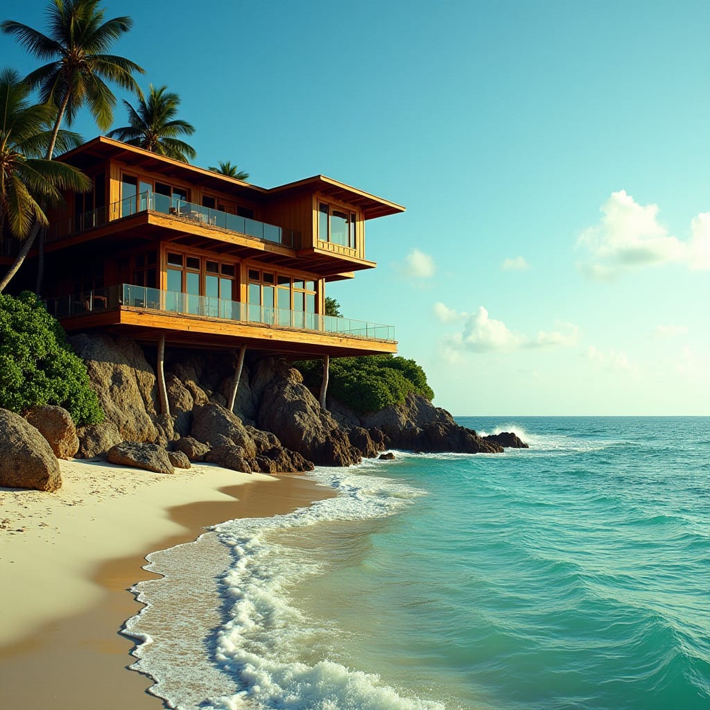 Vibrant, modern timber Jamaican home with expansive, floor-to-ceiling windows, perched on multiple platforms, and protruding stilts, majestically set on the pristine 7 Mile Beach in Negril Town, Jamaica, with lush tropical foliage and crystal-clear turquoise waters as the breathtaking backdrop.