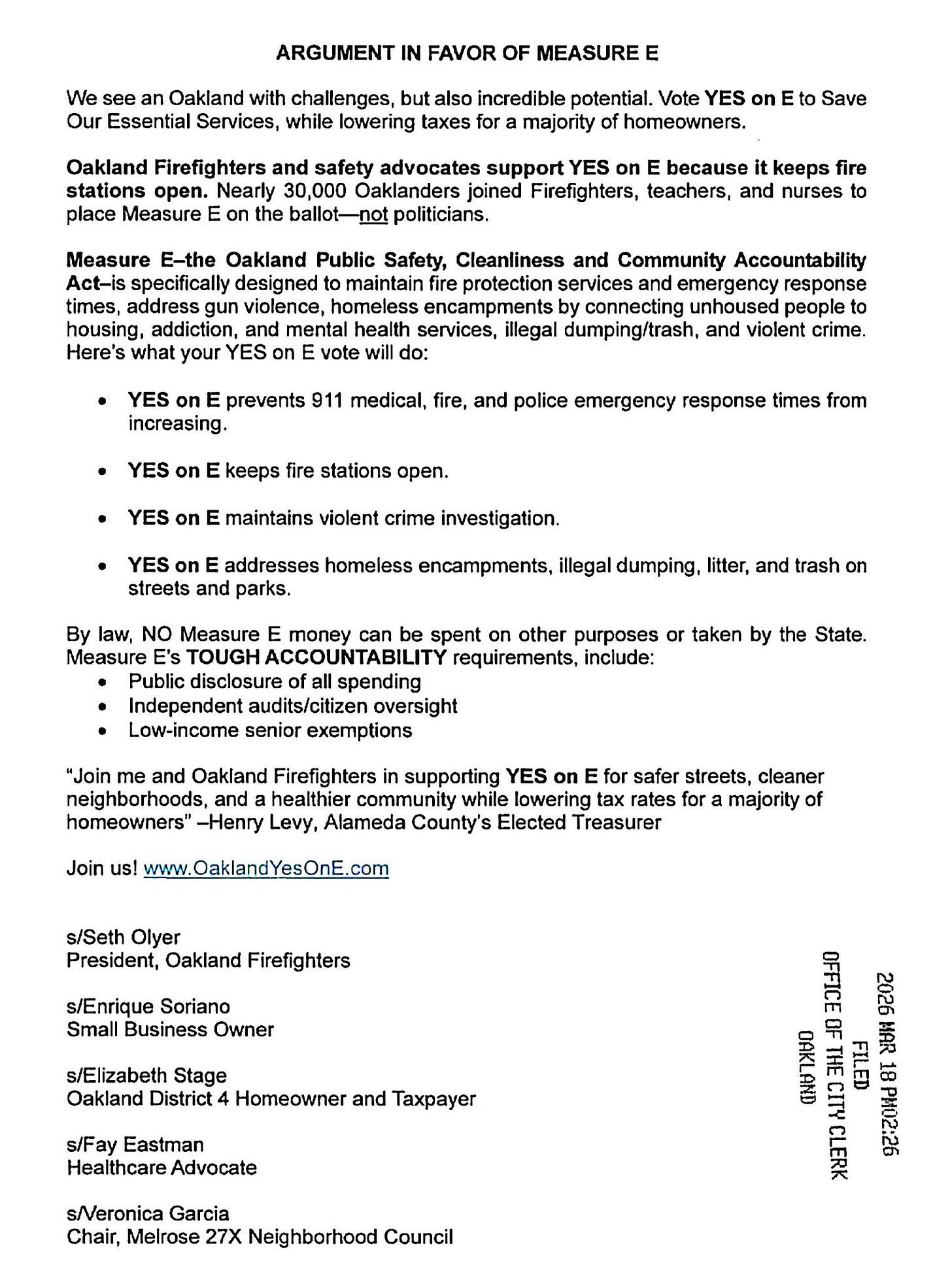 Argument in favor of Measure E, filed in the Office of the City Clerk on Mar. 18, 2026. (Source: City of Oakland)