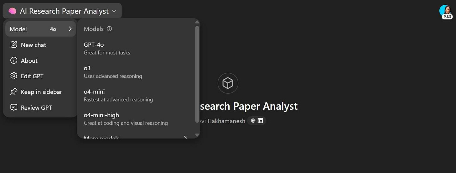 Screenshot of ChatGPT’s Custom GPT builder showing the ‘Model’ dropdown. Options include GPT-4o, o3 advanced-reasoning, o4-mini, and o4-mini-high—illustrating OpenAI’s update allowing the use of any model in custom GPTs.