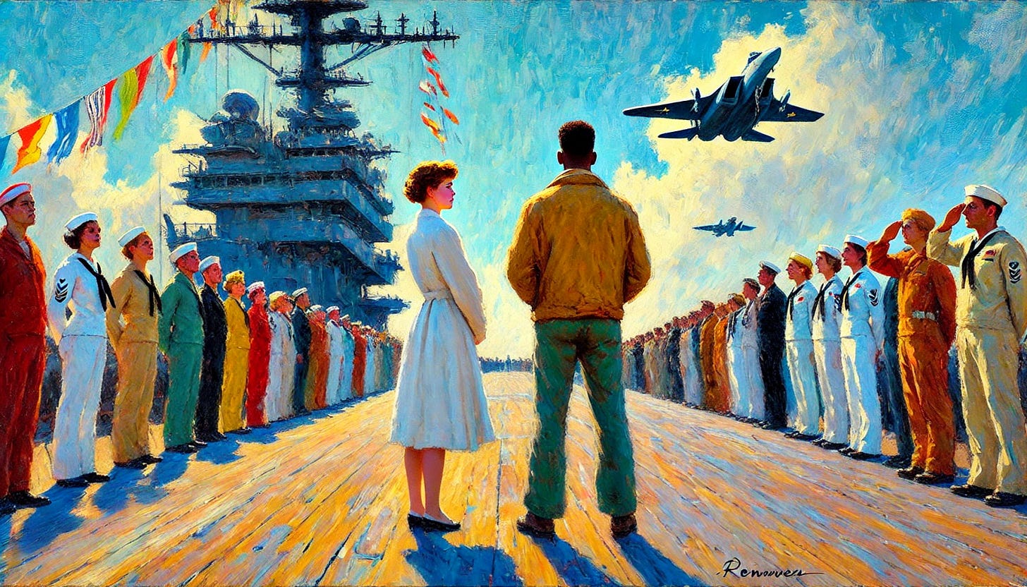 Fauvist painting of a poignant scene on the deck of an aircraft carrier under a vivid bluebird sky. Vivian, a young white woman in a modest white linen coat, and Schaeffer, a thin, frail young Black man with a short, slightly faded afro and a slightly hunched posture, stand side by side but not touching, gazing down the long stretch of the ship. Both have their backs to the viewer. The atmosphere is charged with anticipation and quiet emotion. Ahead of them, two parallel lines of Seabees (Navy sailors) in attention form a ceremonial receiving line, rendered in Fauvist colors like scarlet, aquamarine, and gold. In the far distance, an X-15 jet cuts across the sky, approaching the ship’s control tower in a dramatic flyby. The scene is bursting with bold Fauvist brushwork, expressive color, and emotional resonance.