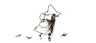 Image by Tove Jansson in Moominvalley in November. Line drawing of Snufkin walking away with leaves around his feet.