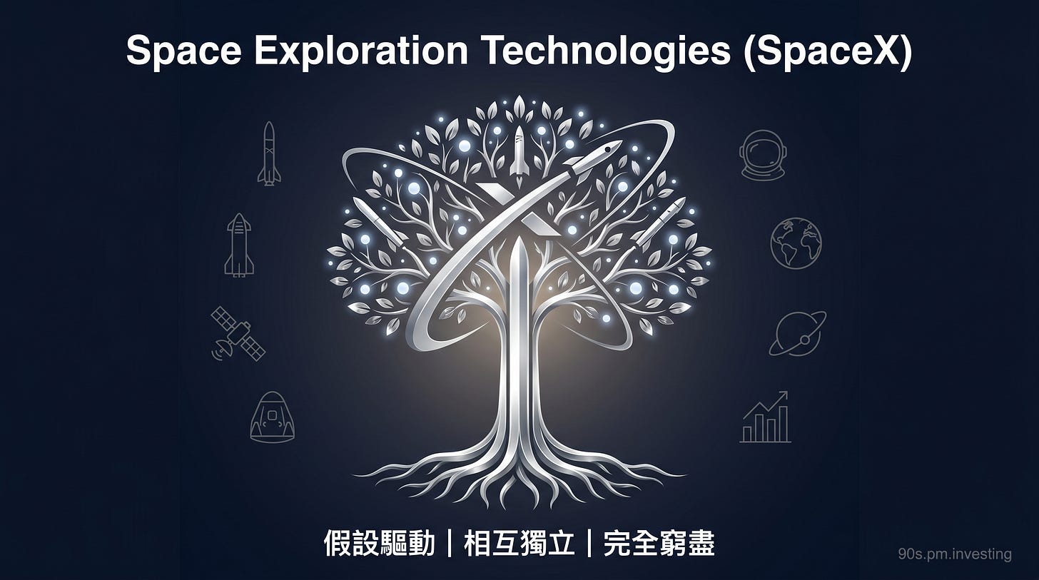 SpaceX 銀白色火箭樹封面,中文 MECE 標語 SpaceX 銀白色火箭樹封面,中文 MECE 標語