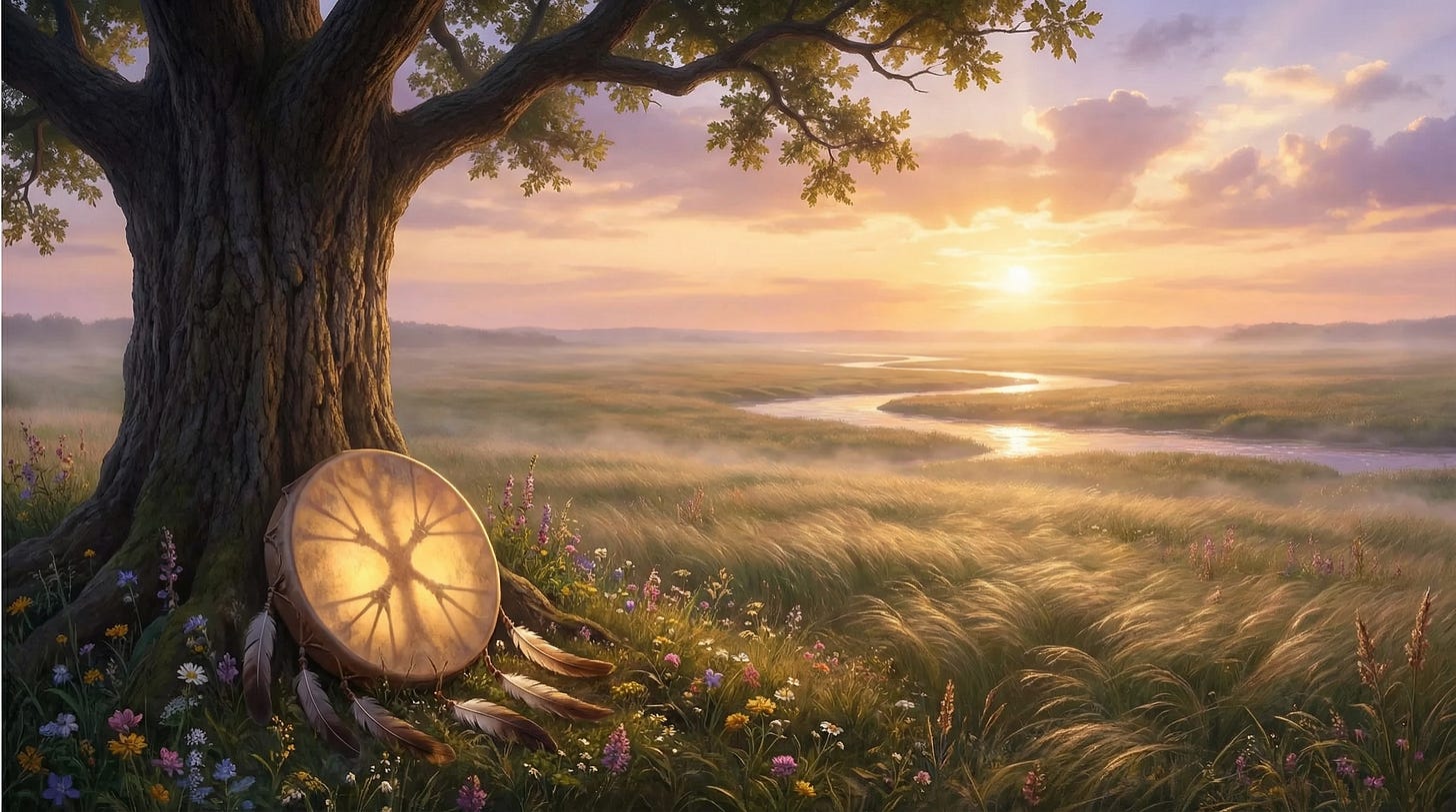 Shamanic drum adorned with feathers leaning against an old oak at sunset, flowering meadow and winding river in the background.
