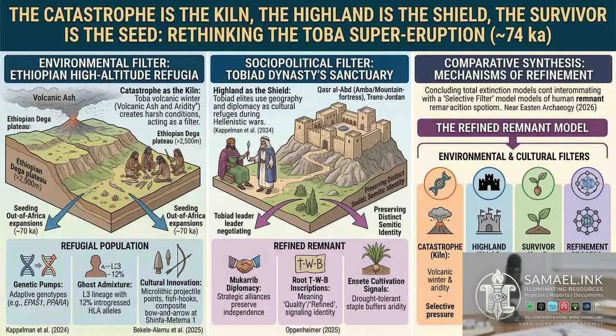 An educational infographic titled "The Catastrophe is the Kiln, the Highland is the Shield, the Survivor is the Seed." The left panel, "Environmental Filter," depicts archaic humans in the volcanic ash-covered Ethiopian Dega plateau using bows and arrows. The middle panel, "Sociopolitical Filter," shows the Tobiad dynasty at the Qasr al-Abd fortress in the Trans-Jordan, engaged in "Mukarrib" style diplomacy. The bottom sections feature icons for the L3 mitochondrial lineage, the Semitic root Ṭ-W-B (Hebrew: ט-ו-ב), and the Ensete ventricosum plant. A flow chart on the right synthesizes these elements into a "Refined Remnant Model," illustrating how environmental stress and cultural refugia drive human adaptation and expansion.