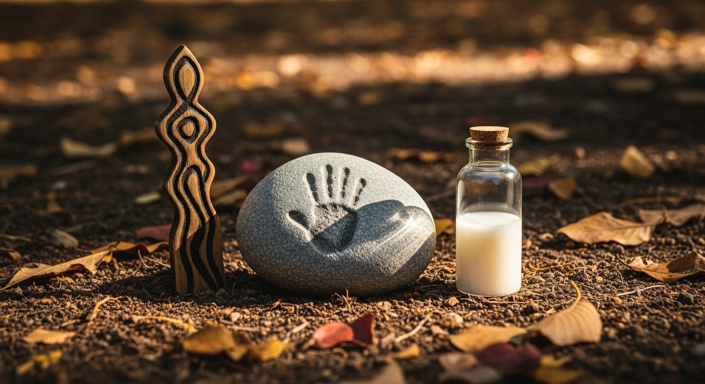 A carved wooden figure, a smooth stone engraved with a handprint, and a small corked bottle filled with milky liquid arranged on sunlit earth among fallen leaves. A carved wooden figure, a smooth stone engraved with a handprint, and a small corked bottle filled with milky liquid arranged on sunlit earth among fallen leaves.