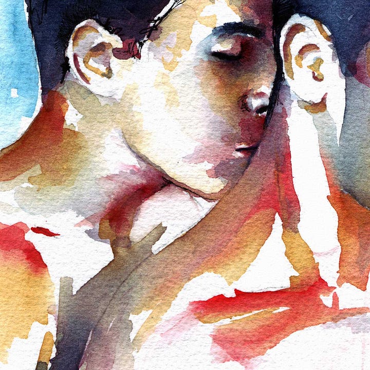 A framed watercolor painting of two men in an intimate embrace, one resting his face against the other's neck. The colors are soft and expressive, blending blues, reds, and warm skin tones.
