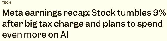 News headline reading ‘Meta earnings recap: Stock tumbles 9% after big tax charge and plans to spend even more on AI.’ Highlights Meta Platforms’ 2025 earnings reaction and increased artificial intelligence capital spending despite short-term market selloff. News headline reading ‘Meta earnings recap: Stock tumbles 9% after big tax charge and plans to spend even more on AI.’ Highlights Meta Platforms’ 2025 earnings reaction and increased artificial intelligence capital spending despite short-term market selloff.