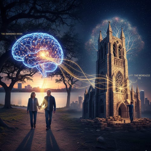 A conceptual illustration of the 'Wordless Tie' featuring two people walking by a lake, a glowing neural map of the 'Awakened Brain,' and the construction of a stone cathedral, symbolizing legacy and presence. A conceptual illustration of the 'Wordless Tie' featuring two people walking by a lake, a glowing neural map of the 'Awakened Brain,' and the construction of a stone cathedral, symbolizing legacy and presence.