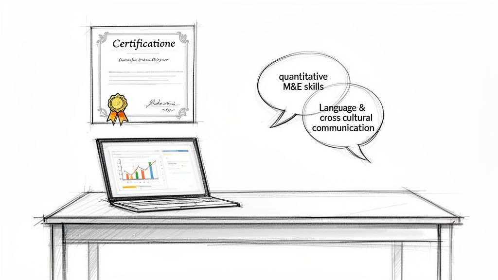 A sketch of a desk with a laptop, a certification, and speech bubbles about essential career skills. A sketch of a desk with a laptop, a certification, and speech bubbles about essential career skills.