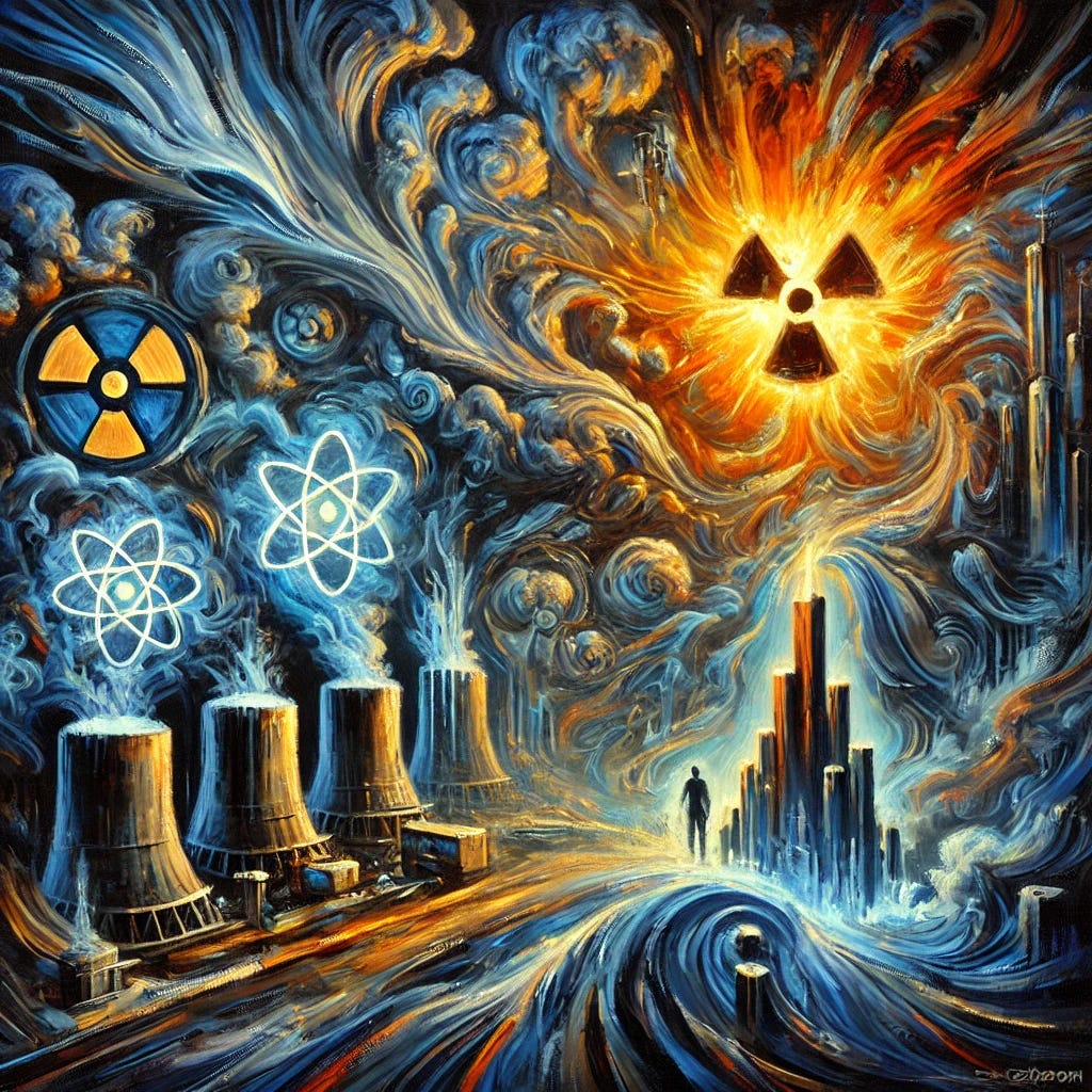 An abstract oil painting with thick brush strokes depicting the demystification of nuclear technology. The scene is surreal, showing glowing nuclear elements emerging from darkness, surrounded by swirling waves of energy in bold blues, fiery oranges, and deep metallic tones. The composition contrasts fear with understanding—chaotic strokes of alarmist perception giving way to structured, radiant forms symbolizing rational comprehension. Ethereal structures resembling reactors and scientific instruments blend into the landscape, emphasizing human ingenuity and technological potential. The brushstrokes are dynamic and expressive, capturing both the tension and promise of nuclear energy. An abstract oil painting with thick brush strokes depicting the demystification of nuclear technology. The scene is surreal, showing glowing nuclear elements emerging from darkness, surrounded by swirling waves of energy in bold blues, fiery oranges, and deep metallic tones. The composition contrasts fear with understanding—chaotic strokes of alarmist perception giving way to structured, radiant forms symbolizing rational comprehension. Ethereal structures resembling reactors and scientific instruments blend into the landscape, emphasizing human ingenuity and technological potential. The brushstrokes are dynamic and expressive, capturing both the tension and promise of nuclear energy.