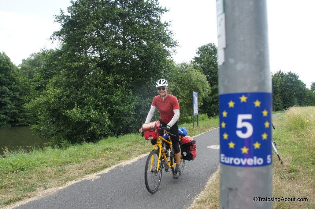 Just follow the stickers! Crossing into France from Germany on the EuroVelo 5. Just follow the stickers! Crossing into France from Germany on the EuroVelo 5.