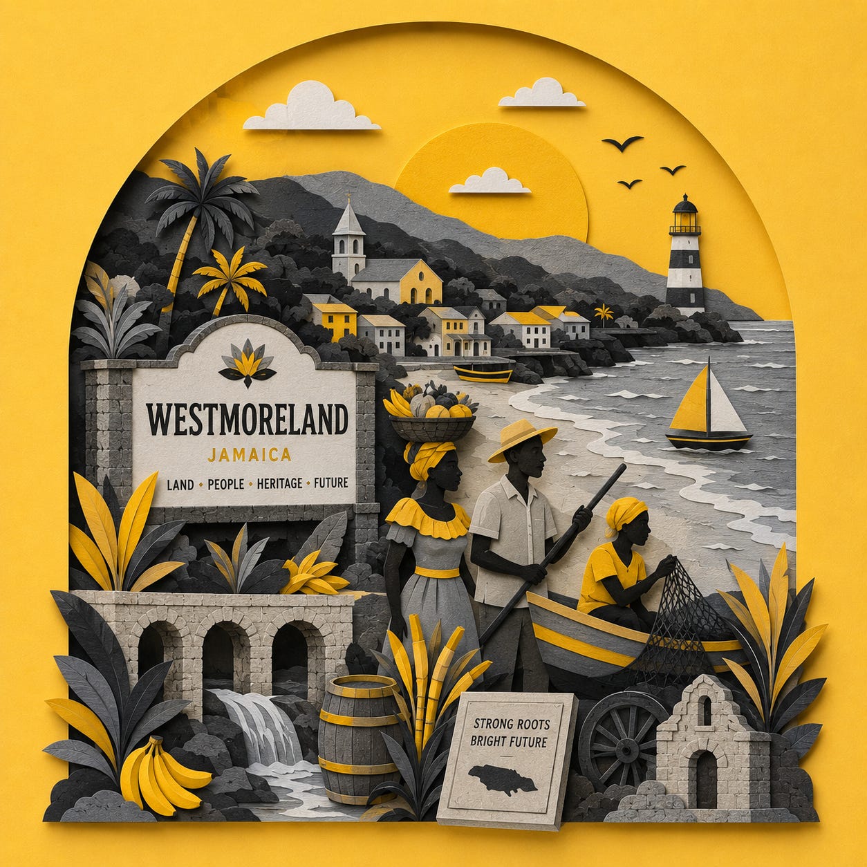 A bold visual tribute to Westmoreland, Jamaica, blending history, culture, coastline and community into one layered scene. Rendered in a signature yellow and grayscale paper cut style, the illustration captures the parish’s fishing heritage, rural identity, tourism future, churches, mountains and sea, while reflecting both resilience and beauty. Westmoreland stands here not simply as a destination, but as a living story of land, people, struggle and possibility.