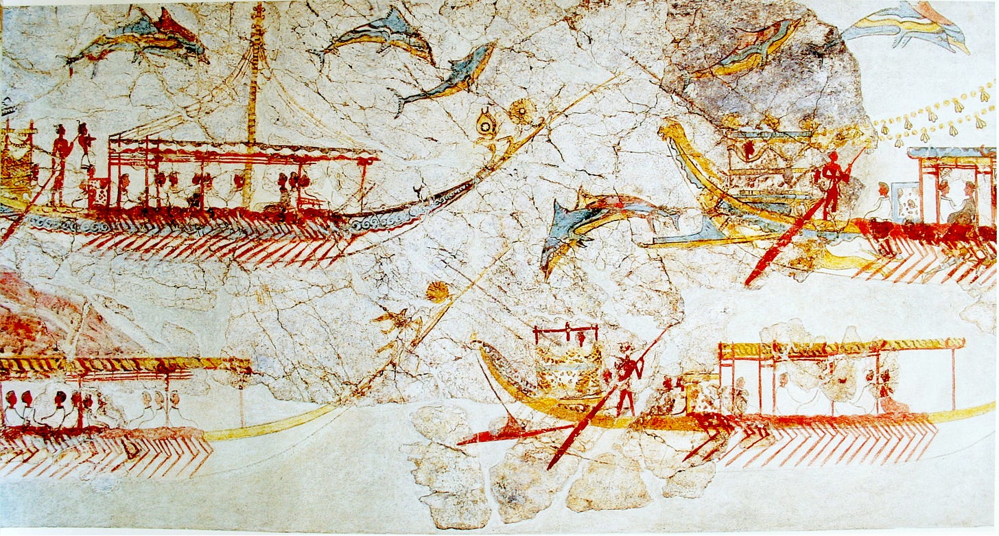 Minoan Flotilla fresco from Akrotiri showing four large ships decorated with garland and full of passengers, all sailing off toward the right with dolphins leaping around them.
