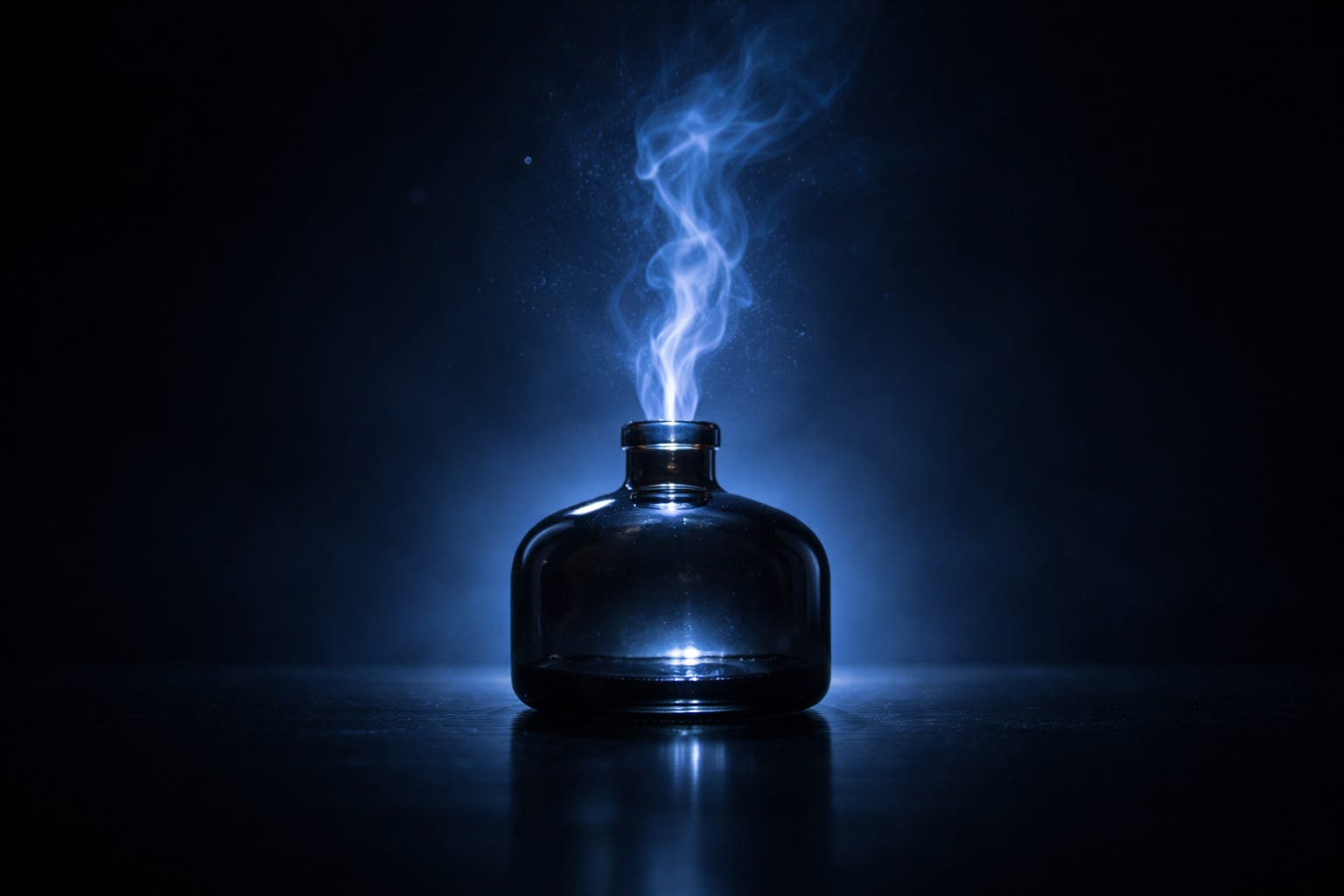 Dark glass bottle on polished surface with faint blue spectral wisp rising from the opening — representing something magical that happened once and cannot happen again
