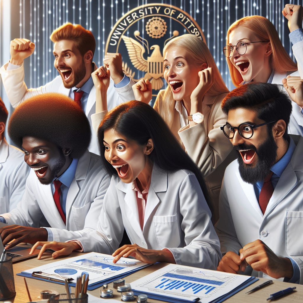show me a scientists poring over data showing that return to office is worthless to financial performance. they have been working extremely hard on this and are having an "aha" moment. they finally are able to prove their hypothesis. make sure you show a University of Pittsburgh logo in the background.