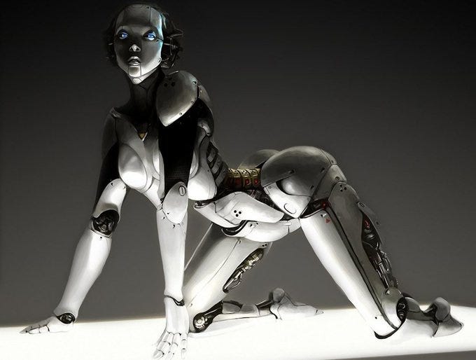 A metallic female android with glowing blue eyes and segmented white and black armor plating kneels on all fours on a plain surface. Its body features articulated joints on limbs and torso with visible mechanical details like panels and wiring. The design emphasizes a humanoid form with smooth curves and reflective surfaces.