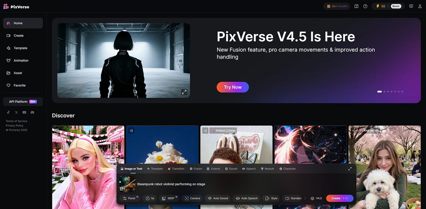 PixVerse front page. AI video tool with image-to-video capabilities.