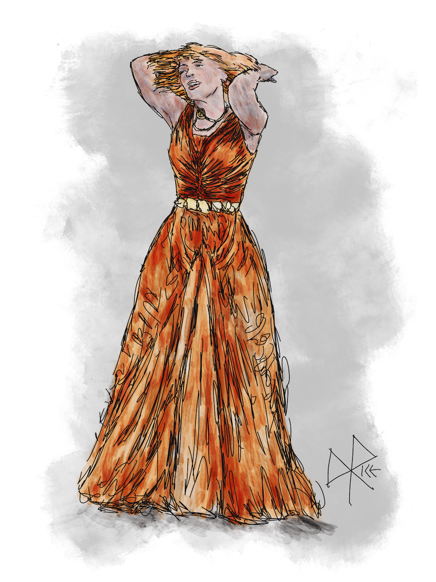 Genevieve O'Reilly as Mon Mothma, dancing at her daughter’s wedding on the Star Wars show ‘Andor’. Sketch art by Don Rice. Genevieve O'Reilly as Mon Mothma, dancing at her daughter’s wedding on the Star Wars show ‘Andor’. Sketch art by Don Rice.