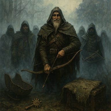 A ragged crescent of six figures stands in a misty clearing where Ezmerelda’s Vistani wagon once sat. They wear wolf-hunter leathers and weatherproof cloaks, with crossbows slung low. Their silhouettes blur slightly in the fog, but their stance is clear: not lost, but waiting. One figure steps forward—a gaunt man with a white streak in his beard and one clouded eye. He leans on a longbow like a crutch, his grin sharp beneath a fur-lined hood. The atmosphere is tense, mysterious, and cinematic. A ragged crescent of six figures stands in a misty clearing where Ezmerelda’s Vistani wagon once sat. They wear wolf-hunter leathers and weatherproof cloaks, with crossbows slung low. Their silhouettes blur slightly in the fog, but their stance is clear: not lost, but waiting. One figure steps forward—a gaunt man with a white streak in his beard and one clouded eye. He leans on a longbow like a crutch, his grin sharp beneath a fur-lined hood. The atmosphere is tense, mysterious, and cinematic.