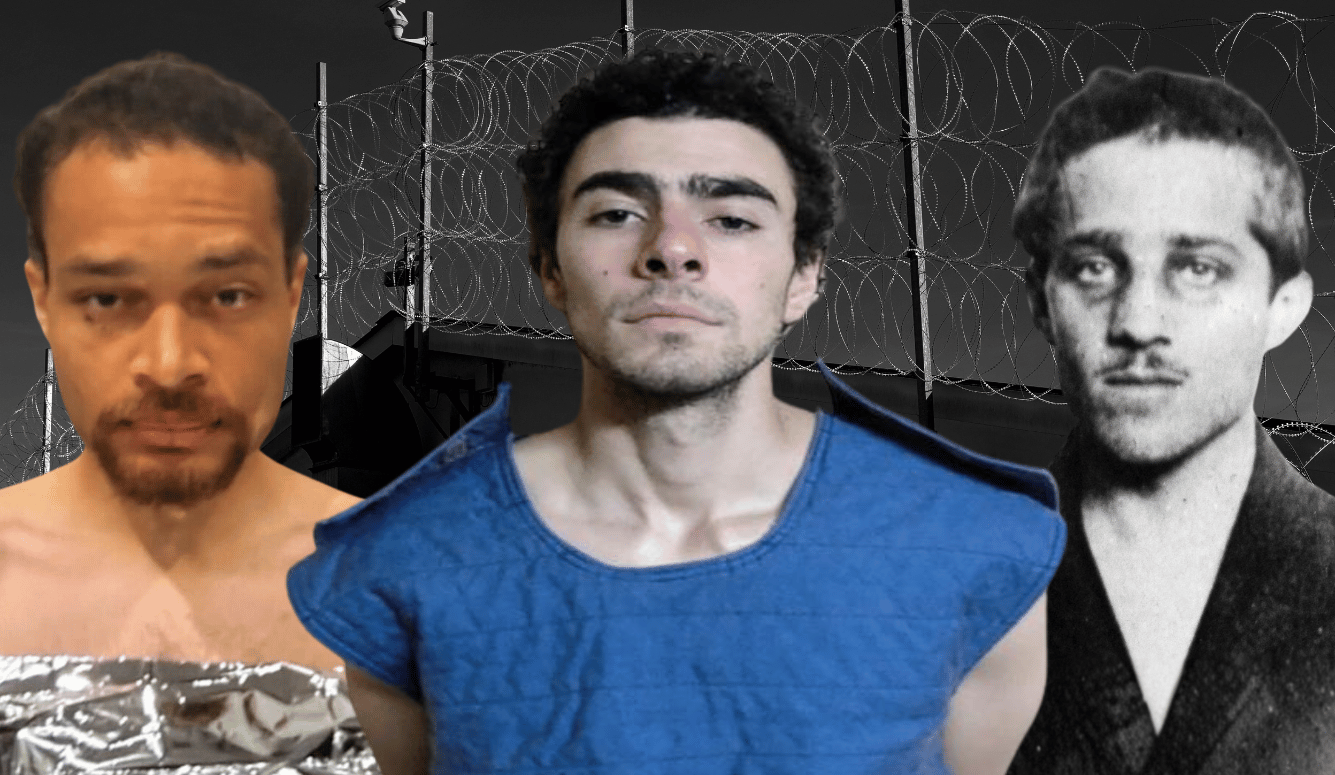 Cole Allen, Luigi Mangione and Gavrilo Princip pictured against a prison fence topped with razor wire. Cole Allen, Luigi Mangione and Gavrilo Princip pictured against a prison fence topped with razor wire.