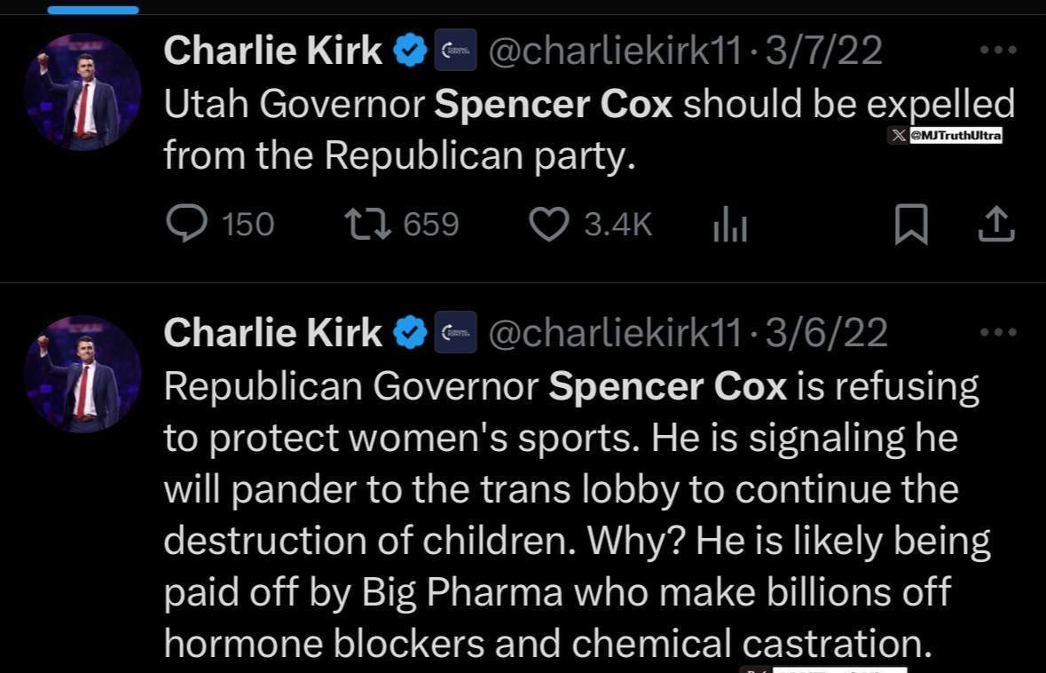 May be an image of 2 people and text that says 'Ca Charlie Kirk @charliekirk11-3/7/22 @charliekirk11 3/7/22 Utah Governor Spencer Cox should be expelled from the Republican party. @MJTruthUltra 150 C7 659 lil Charlie Kirk @charliekirk11 3/6/22 Republican Governor Spencer Cox is refusing to protect women's sports. He is signaling he will pander to the trans lobby to continue the destruction of children. Why? He is likely being paid off by Big Pharma who make billions off hormone blockers and chemical castration.'