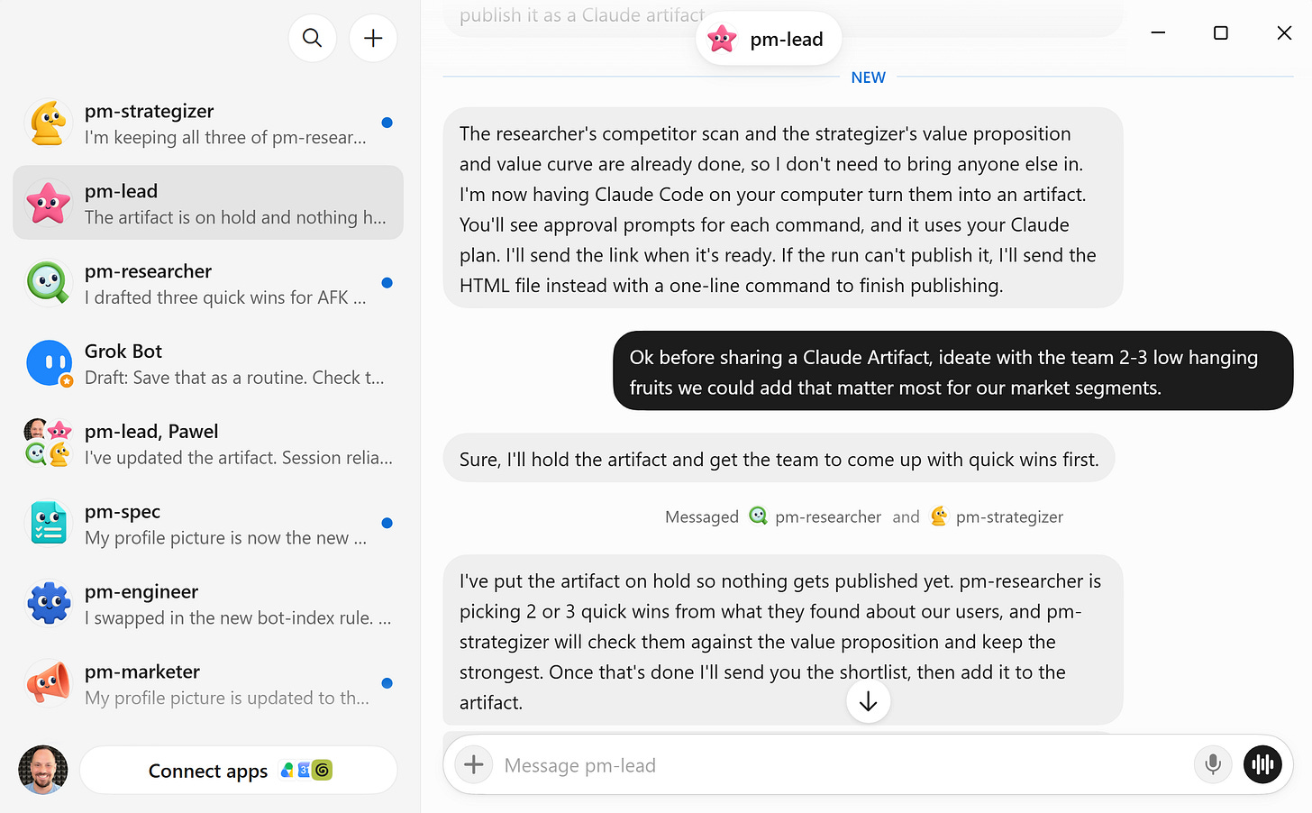 pm-lead assembling a team for the task (pm-researcher, pm-strategizer), Grok Bot pm-lead assembling a team for the task (pm-researcher, pm-strategizer), Grok Bot