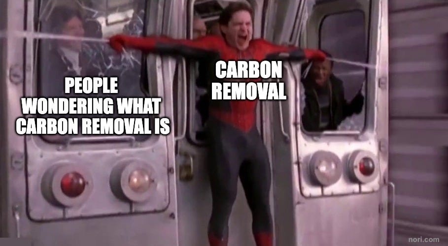 Spider-Man 2 still of Spider-Man stopping a train with his arms outstretched, labelled "Carbon removal", while passengers behind him are labelled "People wondering what carbon removal is".