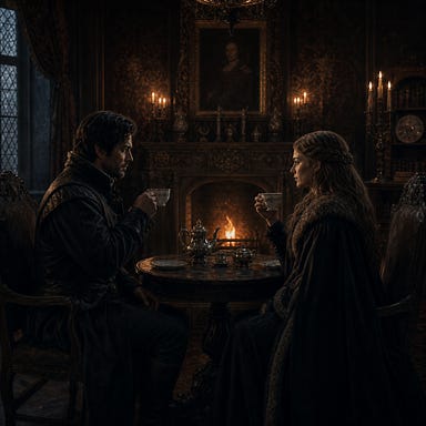 Felonious and Lady Wachter having tea in the dim Barovian study